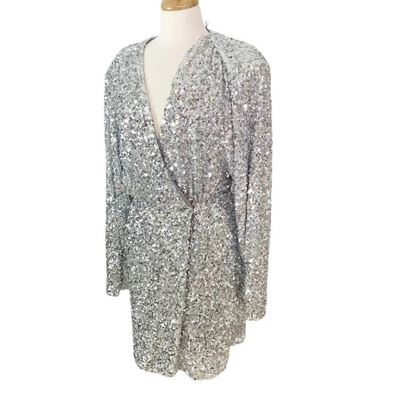 ROTATE BIRGER CHRISTENSEN Samantha Sequined Stretch Mini Wrap Dress Silver 4 - Picture 4 of 13